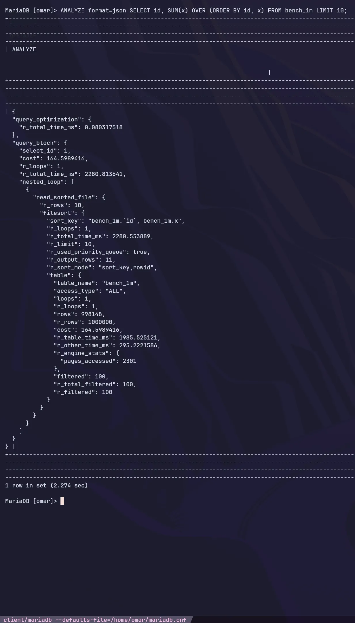Streamed analyze with a filesort